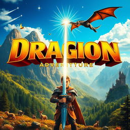 A vibrant and colorful film poster featuring a fantasy adventure theme, showcasing a mystical landscape with towering mountains and lush forests
