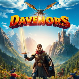 A vibrant and colorful film poster featuring a fantasy adventure theme, showcasing a mystical landscape with towering mountains and lush forests