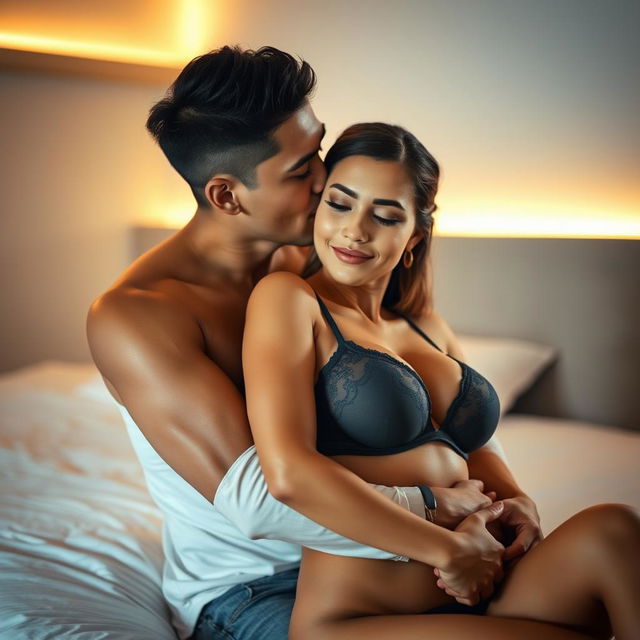 A romantic and intimate scene featuring a handsome 39-year-old Indonesian man with an athletic physique and pure white skin, gently hugging a beautiful 28-year-old woman with a voluptuous and sexy figure from behind