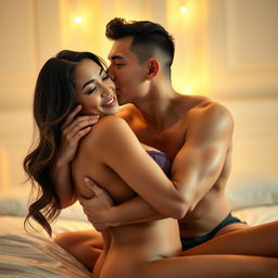 A romantic and intimate scene featuring a handsome 39-year-old Indonesian man with an athletic physique and pure white skin, gently hugging a beautiful 28-year-old woman with a voluptuous and sexy figure from behind