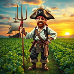 A whimsical pirate farmer standing proudly in a lush, green field, wearing an oversized tricorn hat adorned with feathers and a bandana