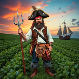 A whimsical pirate farmer standing proudly in a lush, green field, wearing an oversized tricorn hat adorned with feathers and a bandana