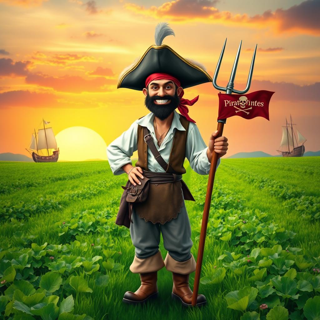 A whimsical pirate farmer standing proudly in a lush, green field, wearing an oversized tricorn hat adorned with feathers and a bandana