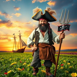 A whimsical pirate farmer standing proudly in a lush, green field, wearing an oversized tricorn hat adorned with feathers and a bandana
