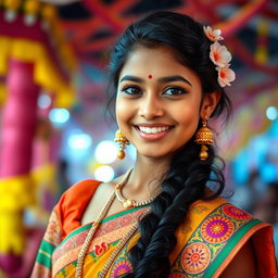 A portrait of an Indian girl, showcasing her traditional attire, featuring a vibrant colorful saree with intricate patterns