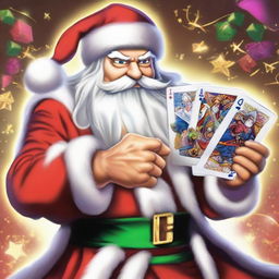 Santa Claus dressed in Yu-Gi-Oh themed attire, wielding a deck of holiday themed dueling cards.