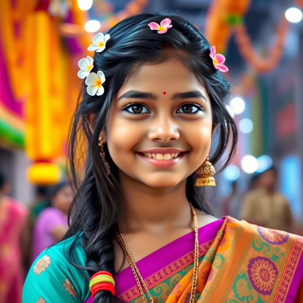 A portrait of an Indian girl, showcasing her traditional attire, featuring a vibrant colorful saree with intricate patterns