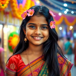 A portrait of an Indian girl, showcasing her traditional attire, featuring a vibrant colorful saree with intricate patterns