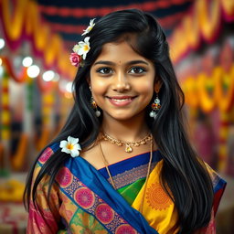 A portrait of an Indian girl, showcasing her traditional attire, featuring a vibrant colorful saree with intricate patterns