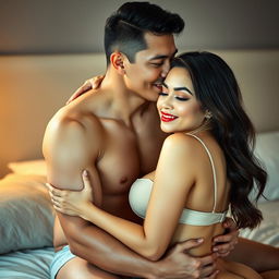A romantic and intimate scene featuring a handsome 39-year-old Indonesian man with an athletic build and pure white skin, gently hugging a beautiful 28-year-old woman with a sexy and curvy body from behind