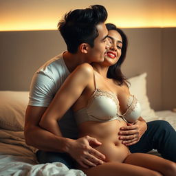 A romantic and intimate scene featuring a handsome 39-year-old Indonesian man with an athletic build and pure white skin, gently hugging a beautiful 28-year-old woman with a sexy and curvy body from behind