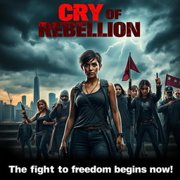 A dramatic movie poster for 'CRY OF REBELLION', set in a dystopian future