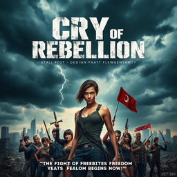 A dramatic movie poster for 'CRY OF REBELLION', set in a dystopian future