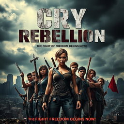 A dramatic movie poster for 'CRY OF REBELLION', set in a dystopian future