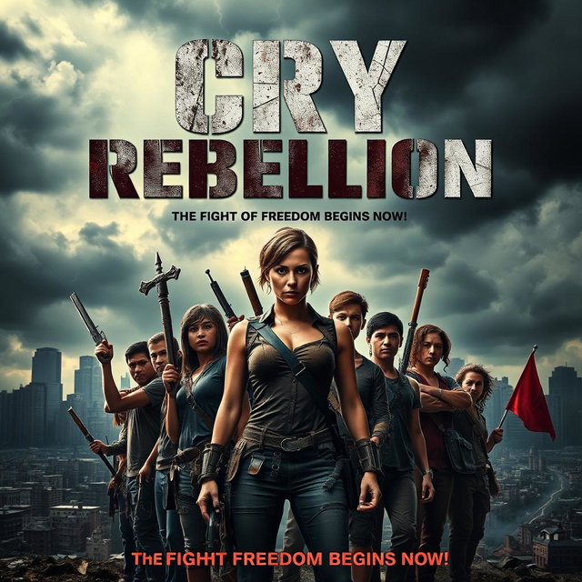 A dramatic movie poster for 'CRY OF REBELLION', set in a dystopian future