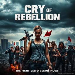 A dramatic movie poster for 'CRY OF REBELLION', set in a dystopian future