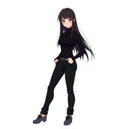 An anime girl with long, flowing black hair cascading down her shoulders