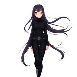 An anime girl with long, flowing black hair cascading down her shoulders