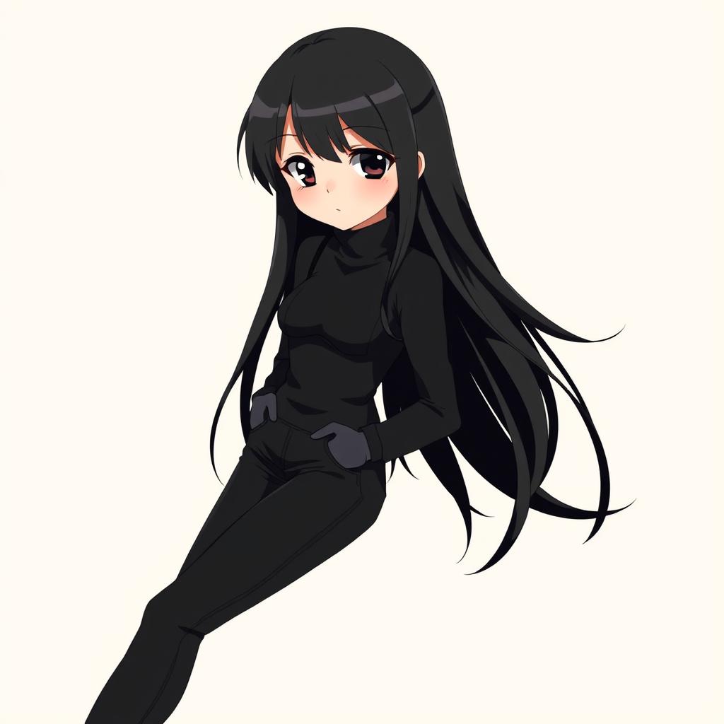 An anime girl with long, flowing black hair cascading down her shoulders