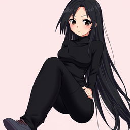 An anime girl with long, flowing black hair cascading down her shoulders