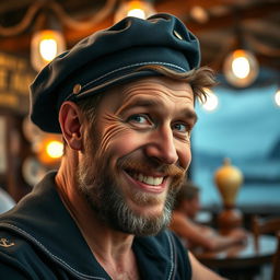 A close-up profile portrait of a drunken sailor, wearing a weathered navy blue cap slightly askew on his head, with a scruffy beard and a playful, tipsy smile