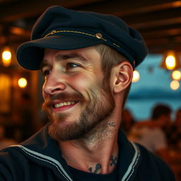 A close-up profile portrait of a drunken sailor, wearing a weathered navy blue cap slightly askew on his head, with a scruffy beard and a playful, tipsy smile