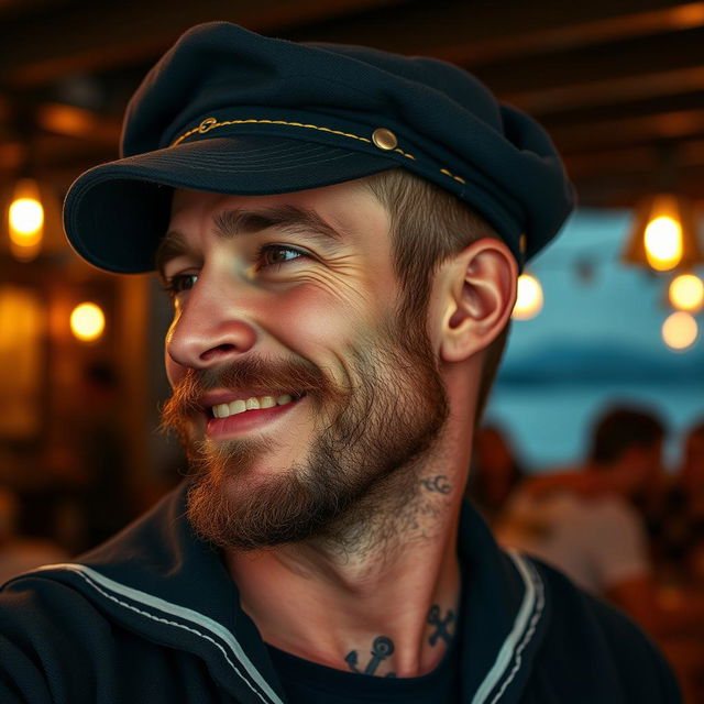 A close-up profile portrait of a drunken sailor, wearing a weathered navy blue cap slightly askew on his head, with a scruffy beard and a playful, tipsy smile