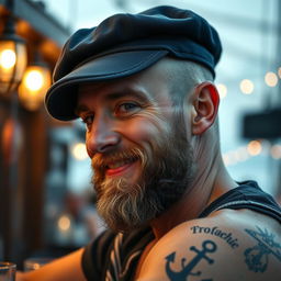 A close-up profile portrait of a drunken sailor, wearing a weathered navy blue cap slightly askew on his head, with a scruffy beard and a playful, tipsy smile