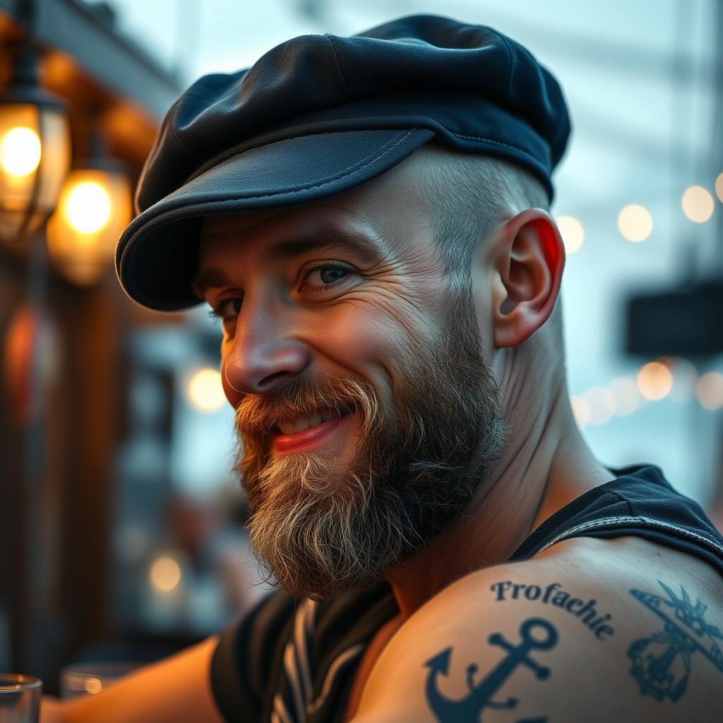 A close-up profile portrait of a drunken sailor, wearing a weathered navy blue cap slightly askew on his head, with a scruffy beard and a playful, tipsy smile