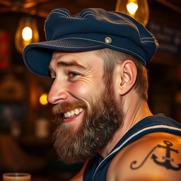 A close-up profile portrait of a drunken sailor, wearing a weathered navy blue cap slightly askew on his head, with a scruffy beard and a playful, tipsy smile