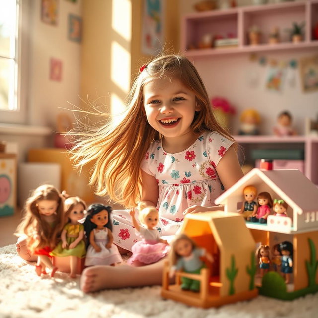 A young girl joyfully playing with her dolls in a bright, colorful room