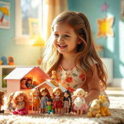 A young girl joyfully playing with her dolls in a bright, colorful room