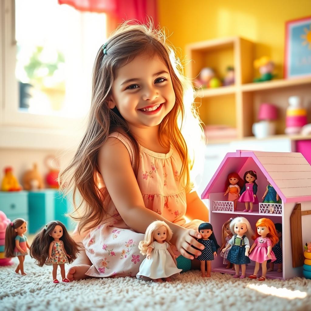 A young girl joyfully playing with her dolls in a bright, colorful room
