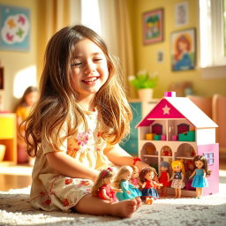 A young girl joyfully playing with her dolls in a bright, colorful room