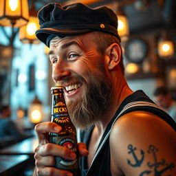 A close-up profile portrait of a drunken sailor, wearing a slightly tilted weathered navy blue cap and a scruffy beard, joyfully holding a bottle of Beck's beer in one hand
