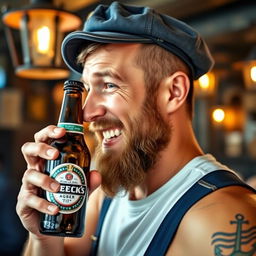 A close-up profile portrait of a drunken sailor, wearing a slightly tilted weathered navy blue cap and a scruffy beard, joyfully holding a bottle of Beck's beer in one hand