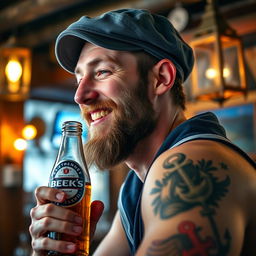 A close-up profile portrait of a drunken sailor, wearing a slightly tilted weathered navy blue cap and a scruffy beard, joyfully holding a bottle of Beck's beer in one hand