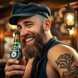 A close-up profile portrait of a drunken sailor, wearing a slightly tilted weathered navy blue cap and a scruffy beard, joyfully holding a bottle of Beck's beer in one hand