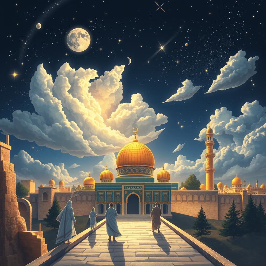 A beautifully illustrated depiction of the Isra' and Mi'raj, showcasing the journey of Prophet Muhammad