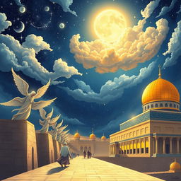 A beautifully illustrated depiction of the Isra' and Mi'raj, showcasing the journey of Prophet Muhammad