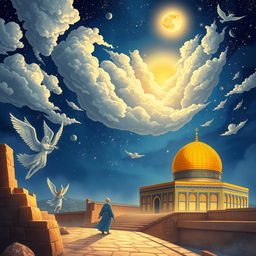 A beautifully illustrated depiction of the Isra' and Mi'raj, showcasing the journey of Prophet Muhammad