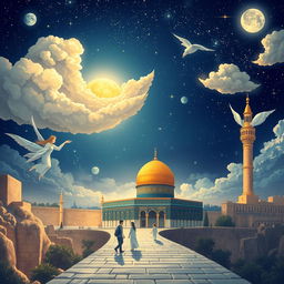 A beautifully illustrated depiction of the Isra' and Mi'raj, showcasing the journey of Prophet Muhammad