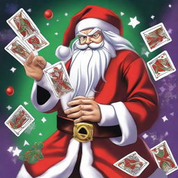 Santa Claus dressed in Yu-Gi-Oh themed attire, wielding a deck of holiday themed dueling cards.