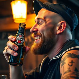 A close-up profile portrait of a bald drunken sailor, wearing a slightly tilted weathered navy blue cap, joyfully holding a bottle of Beck's beer up to his mouth