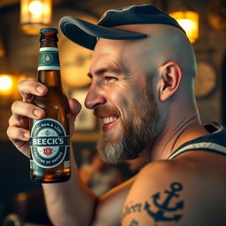 A close-up profile portrait of a bald drunken sailor, wearing a slightly tilted weathered navy blue cap, joyfully holding a bottle of Beck's beer up to his mouth