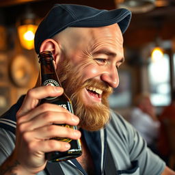 A close-up profile portrait of a bald drunken sailor, wearing a slightly tilted weathered navy blue cap, joyfully holding a bottle of Beck's beer up to his mouth