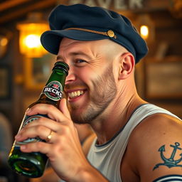 A close-up profile portrait of a bald drunken sailor, wearing a slightly tilted weathered navy blue cap, joyfully holding a bottle of Beck's beer up to his mouth