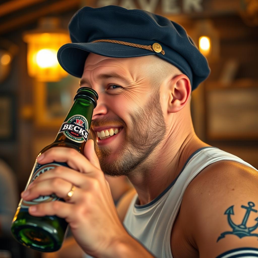 A close-up profile portrait of a bald drunken sailor, wearing a slightly tilted weathered navy blue cap, joyfully holding a bottle of Beck's beer up to his mouth