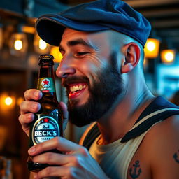 A close-up profile portrait of a bald drunken sailor with a black scruffy beard, wearing a slightly tilted weathered navy blue cap