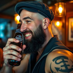 A close-up profile portrait of a bald drunken sailor with a black scruffy beard, wearing a slightly tilted weathered navy blue cap